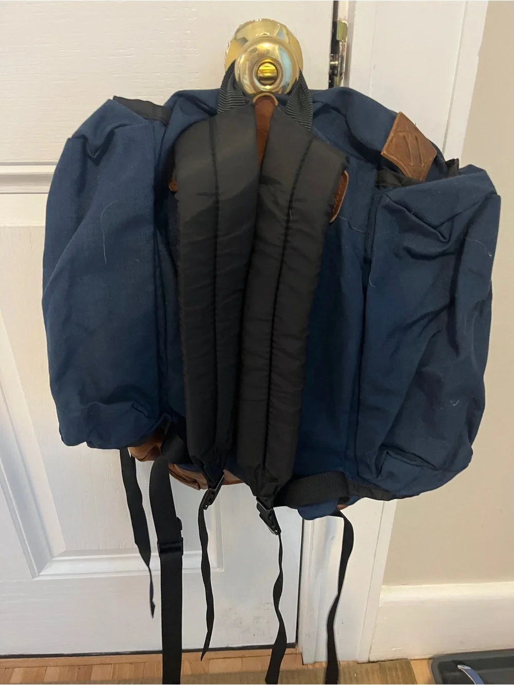 Vintage JanSport Leather Bottom Backpack Blue Made in USA Daypack Hiking Canvas